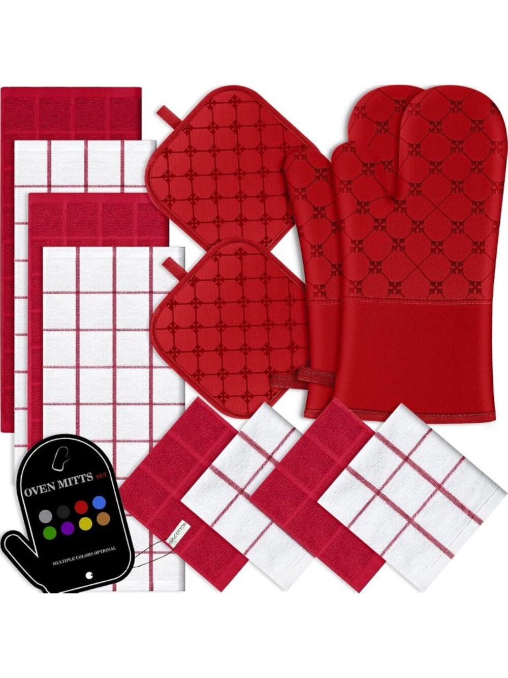 12PCS Heat Resistant Oven Mitts & Kitchen Towels Set - Non-Slip Silicone, Red
